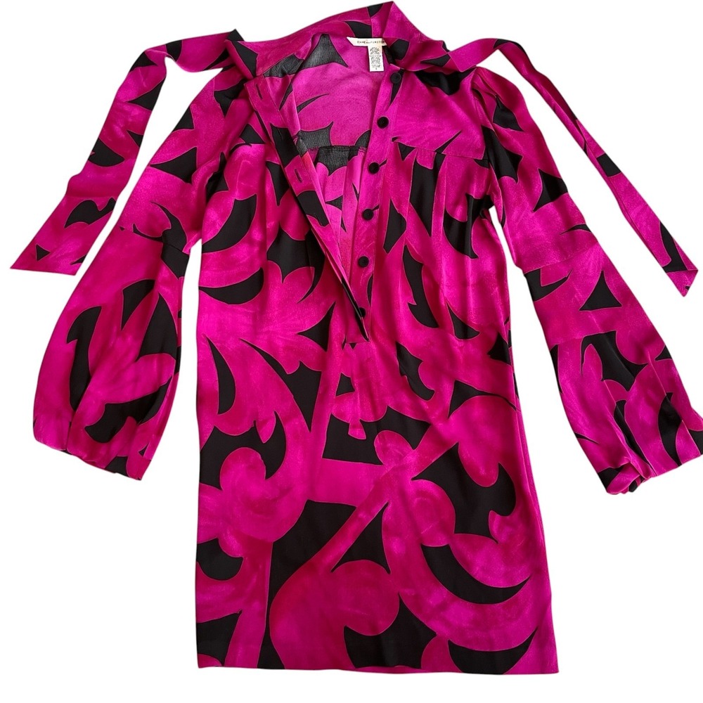Vintage Diane von Furstenberg Akita Silk Neck Tie Shift Dress Women Size 0 Bow‎